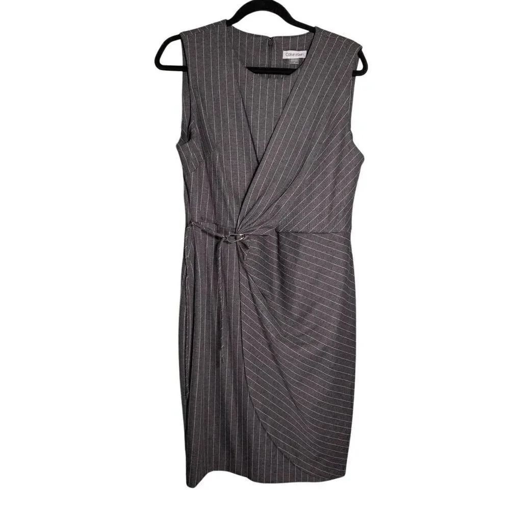 NWT CALVIN KLEIN WOMEN'S PINSTRIPED LOOPED SIDE-TIE DRESS SLEEVELESS, BLACK WHIT